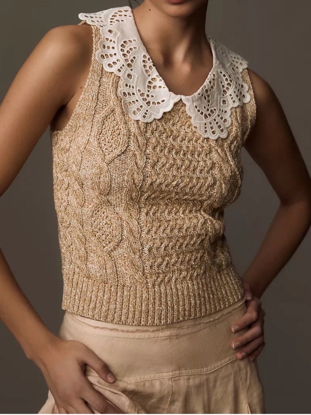 Anthropologie Lace-Trim Peter Pan Collar Tan White Knit Tank size Small